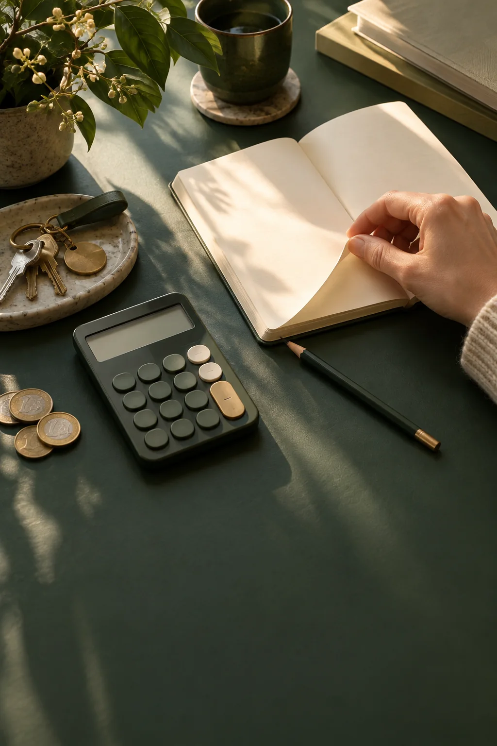 Un carnet ouvert, une calculatrice et des clés sur une table de travail